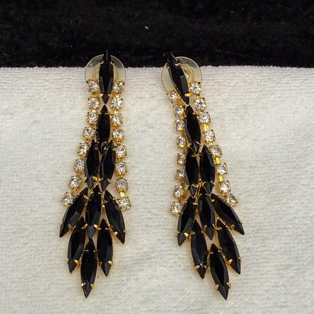 Vintage Estate Chandelier Earrings Gold Black Rhinestone Dangle Drop 2.5in